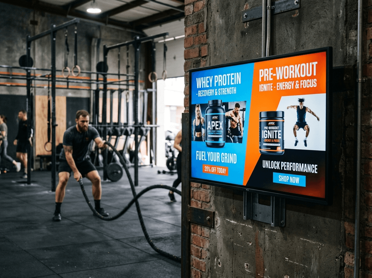 Functional training zone with battle ropes beside a brick-wall screen running nutrition campaigns